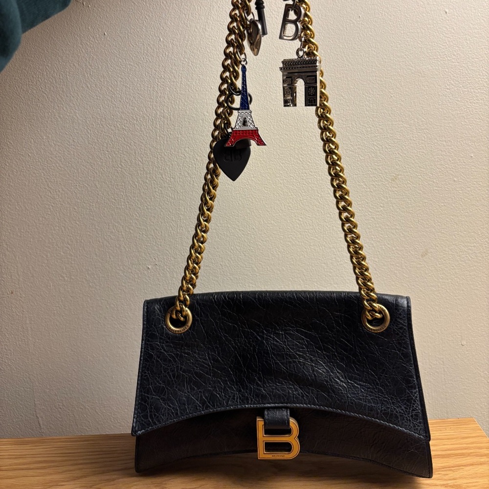 Balenciaga Black Leather Shoulder Bag with Gold Chain